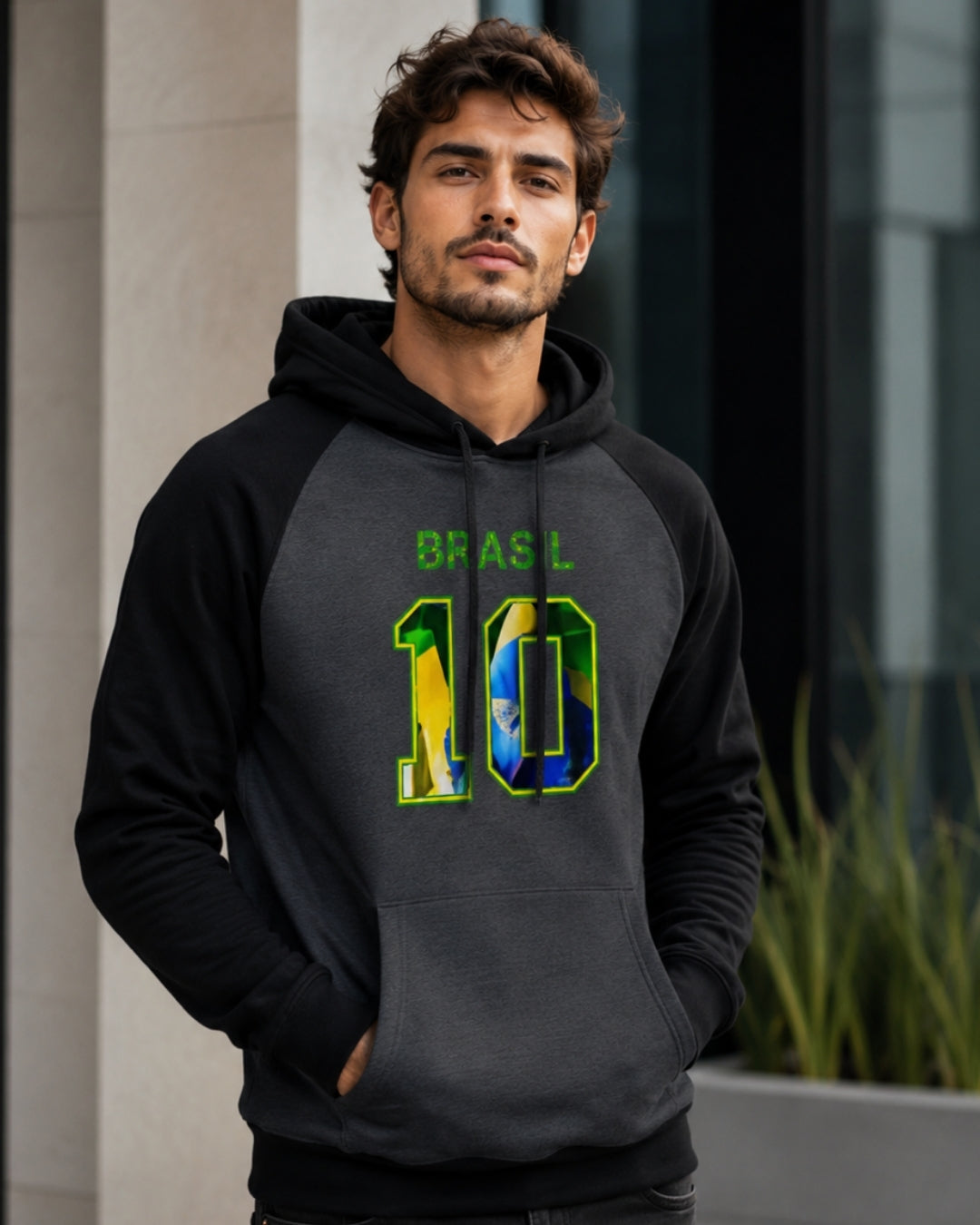 Moletom Brasil 10 Estampa Bandeira Com Capuz Raglan Casual