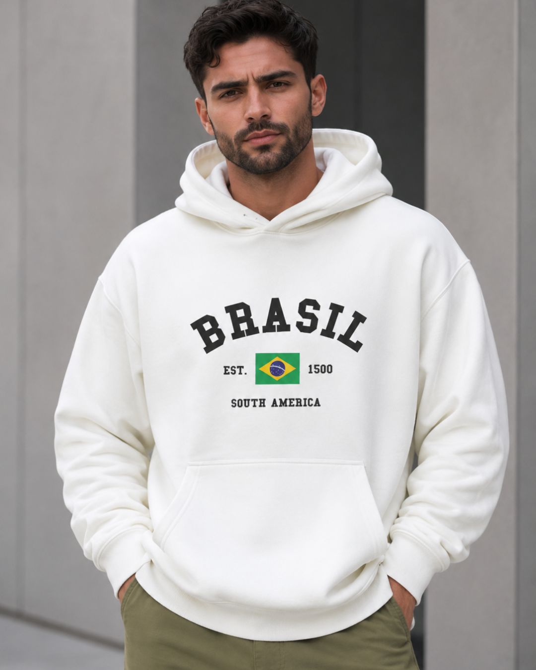 Moletom Brasil Estampa Universitária Com Capuz Casual