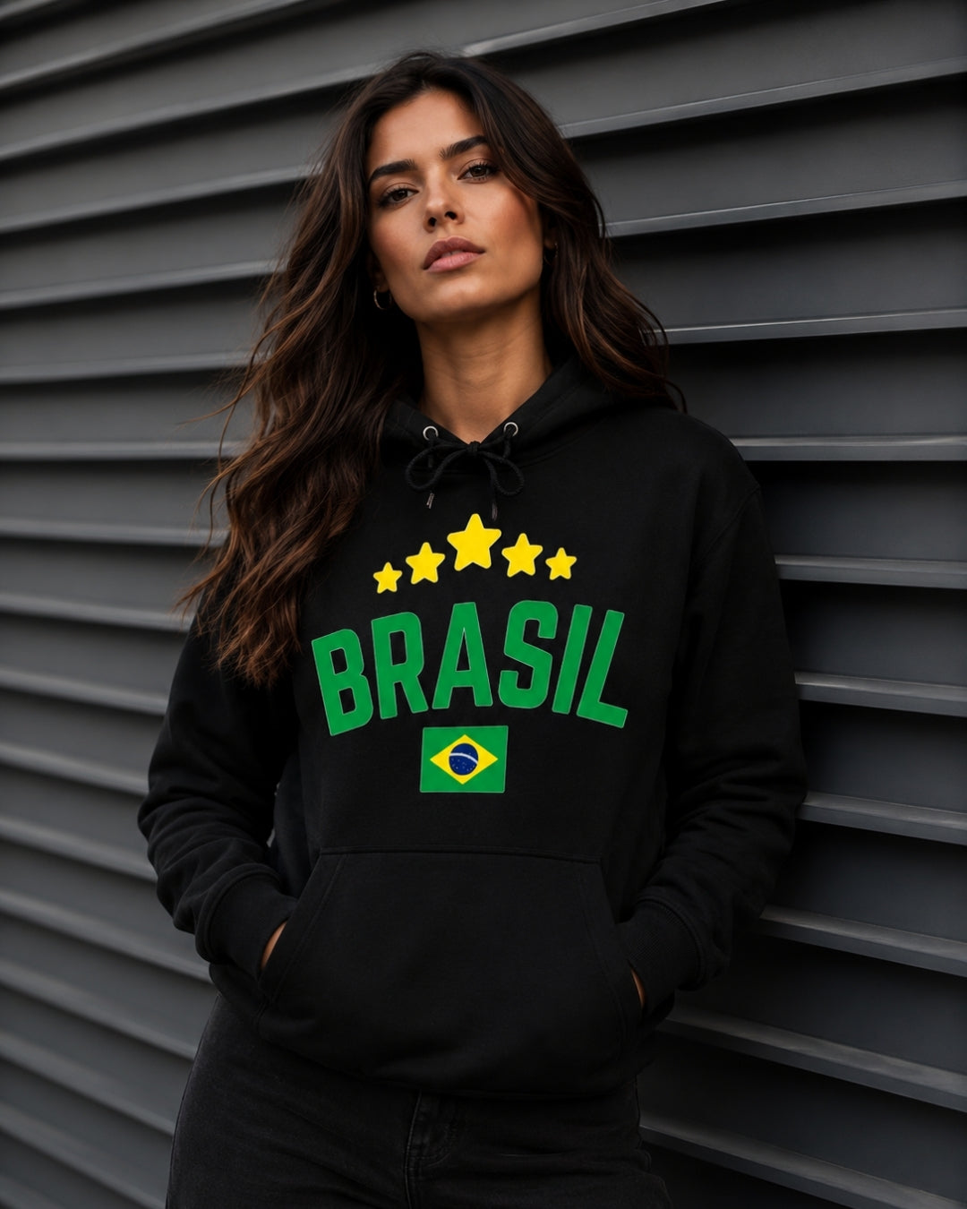 Moletom Brasil Estilo Universitário Com Estrelas E Capuz Casual