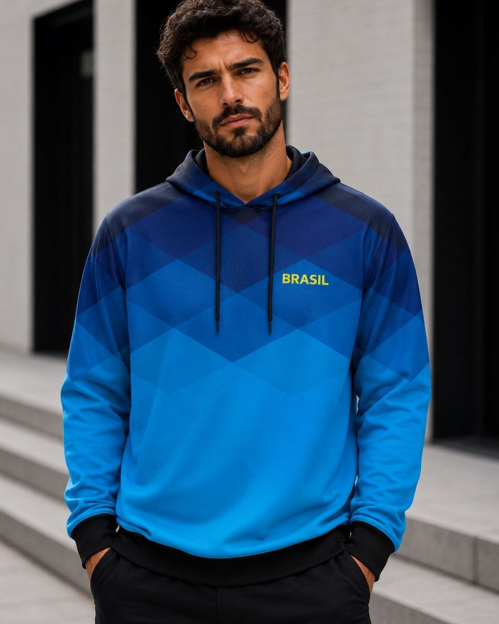Moletom Brasil Geométrico Com Capuz Estampa Degradê Casual