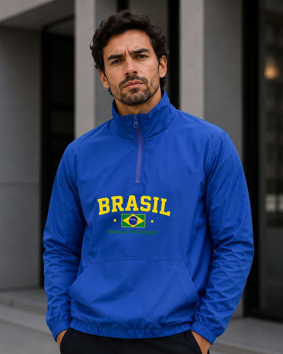 Moletom Brasil Bandeira Central Meio Zíper Casual Urbano