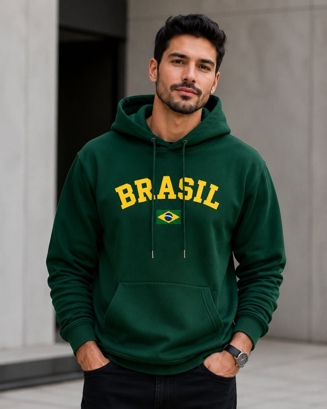Moletom Brasil Universitário Com Bandeira Frontal E Capuz Casual