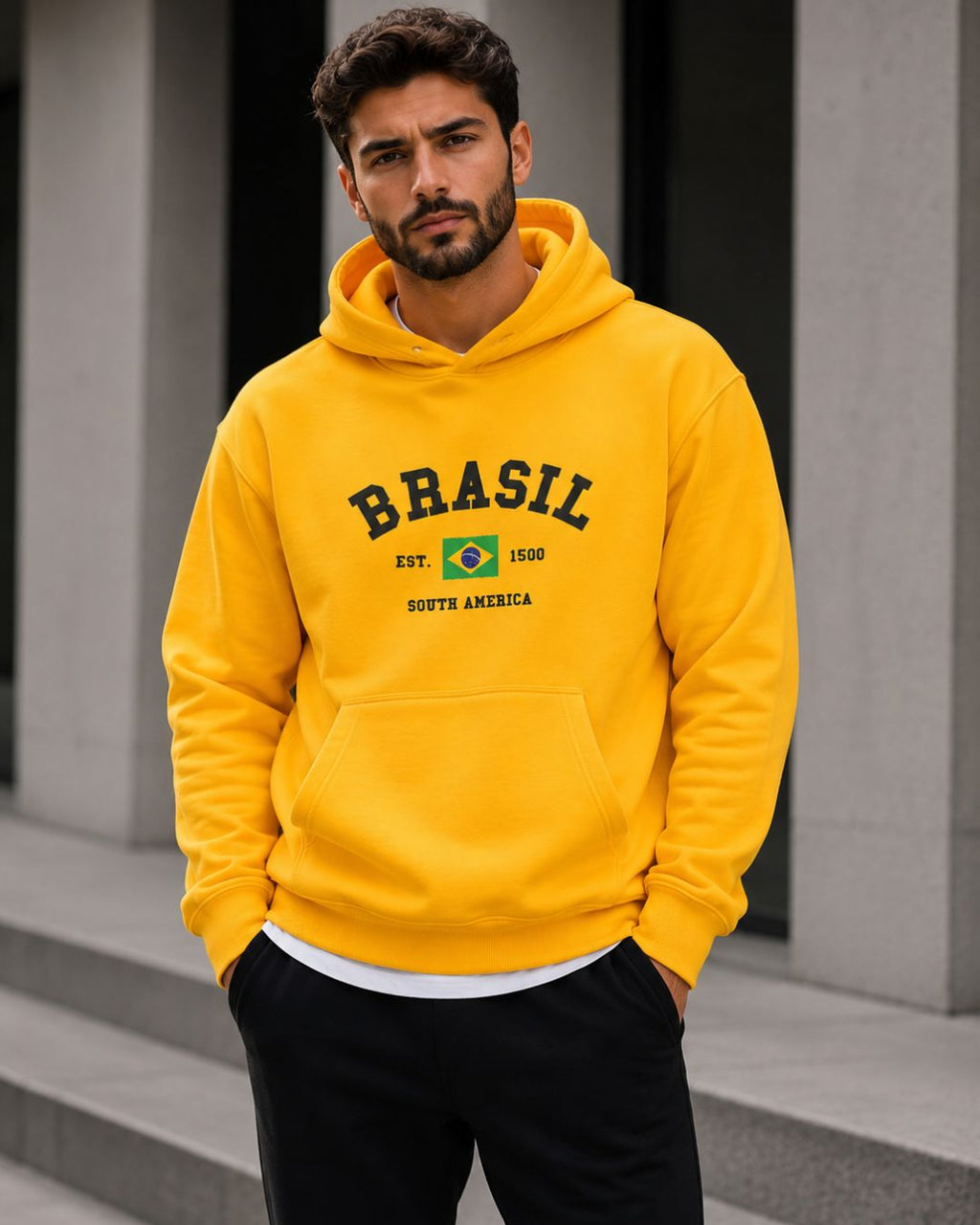 Moletom Brasil Estampa Universitária Com Capuz Casual