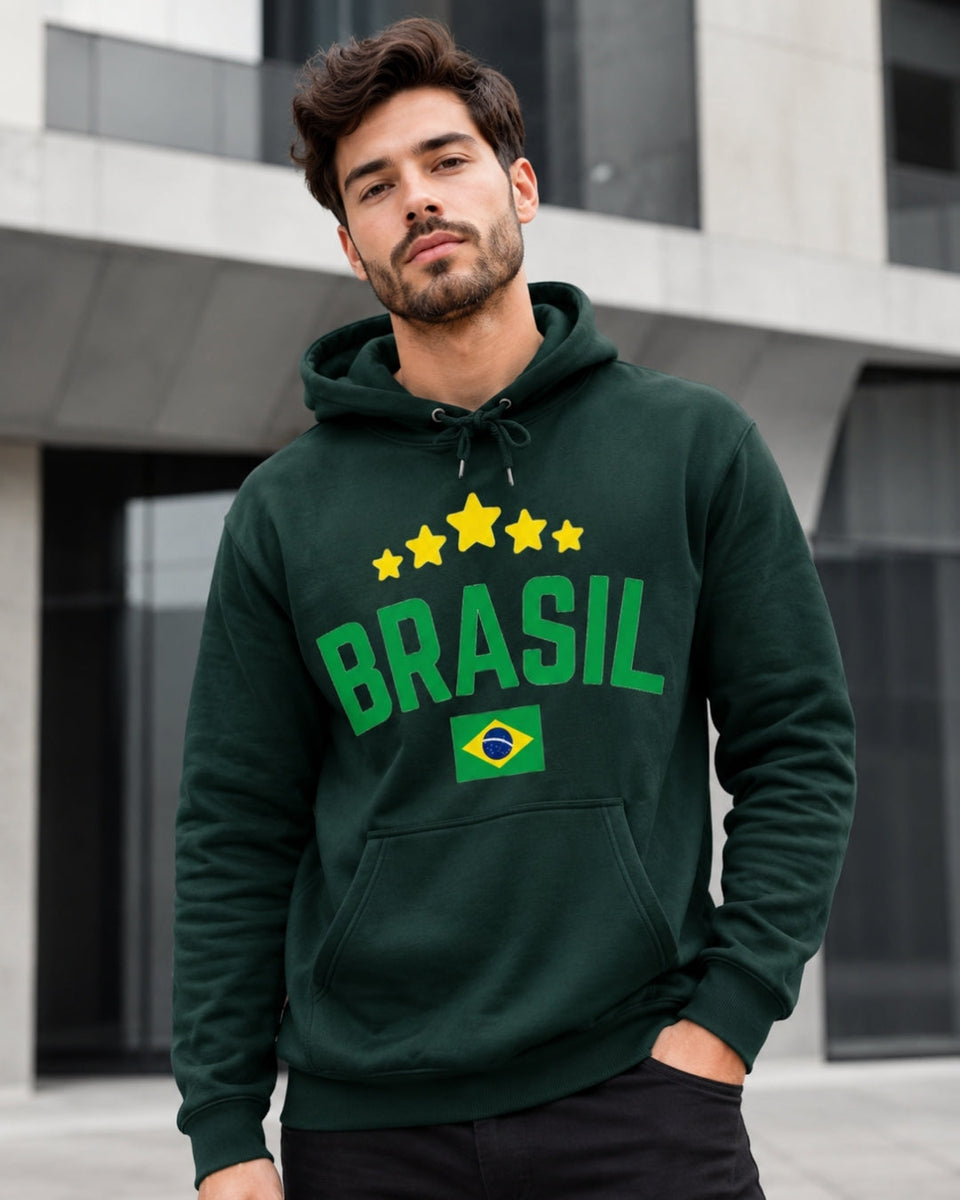 Moletom Brasil Universitário Com Estrelas E Capuz Casual