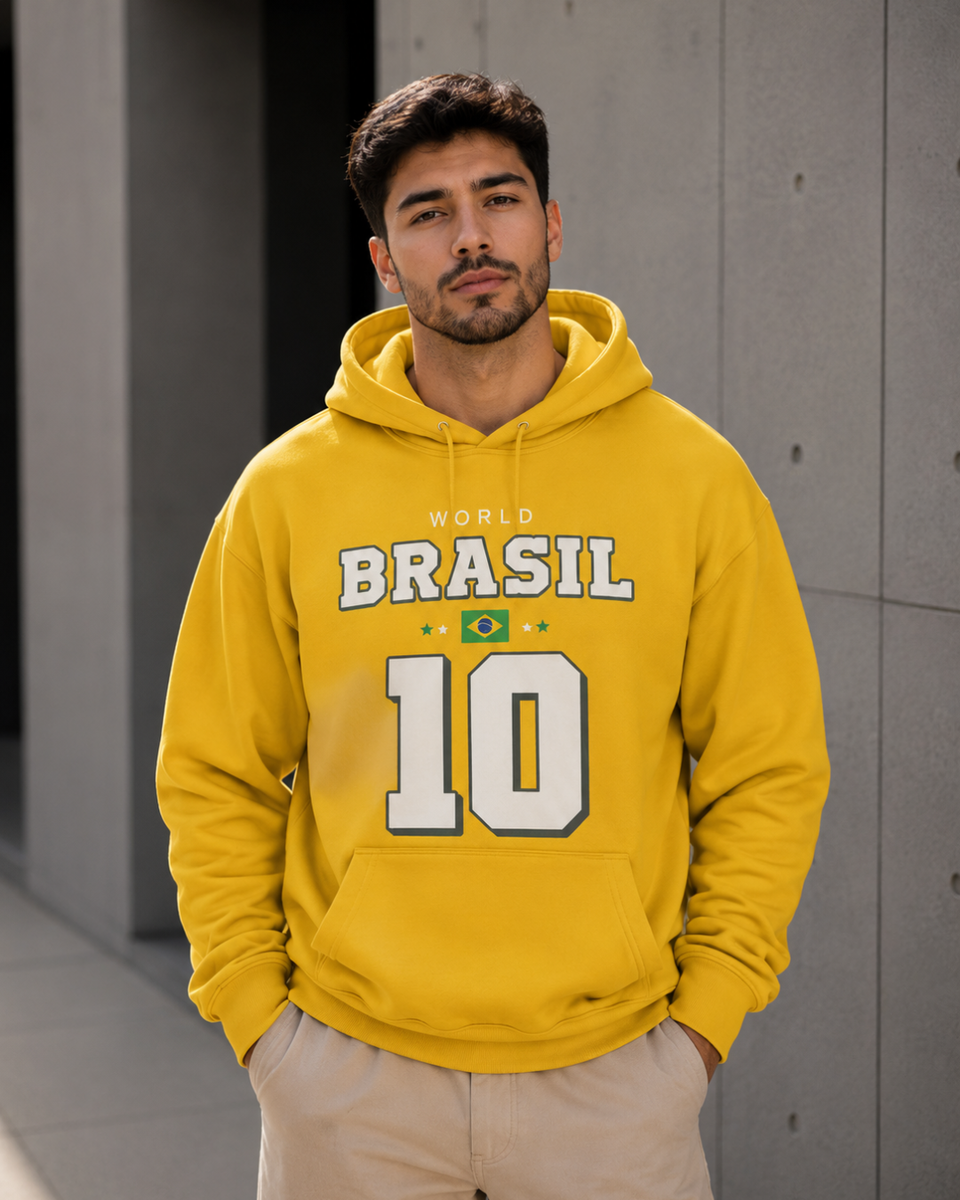 Moletom Brasil World 10 Futebol Estampado Com Capuz Casual