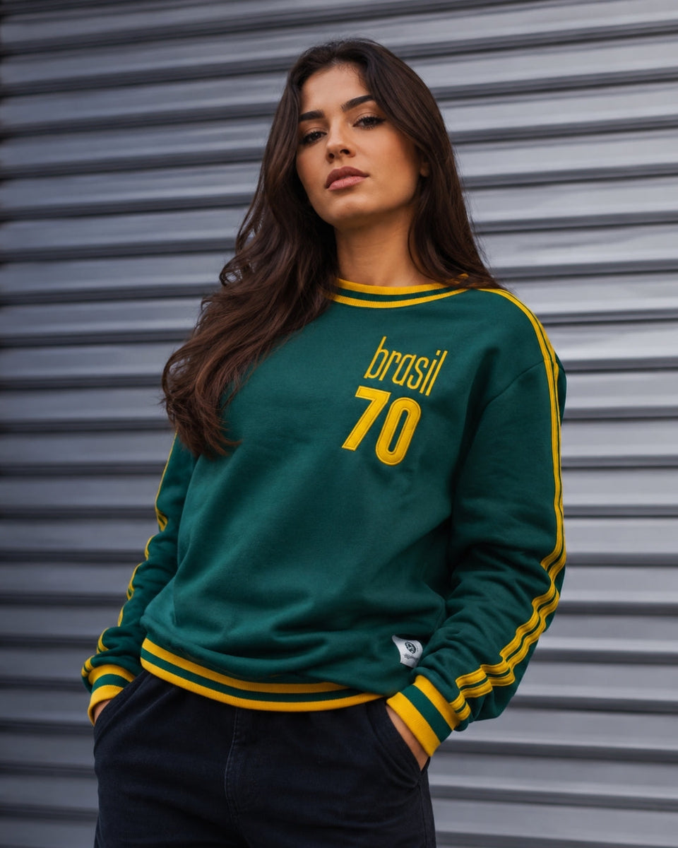 Moletom Brasil Retrô 70 Listras Nas Mangas Casual