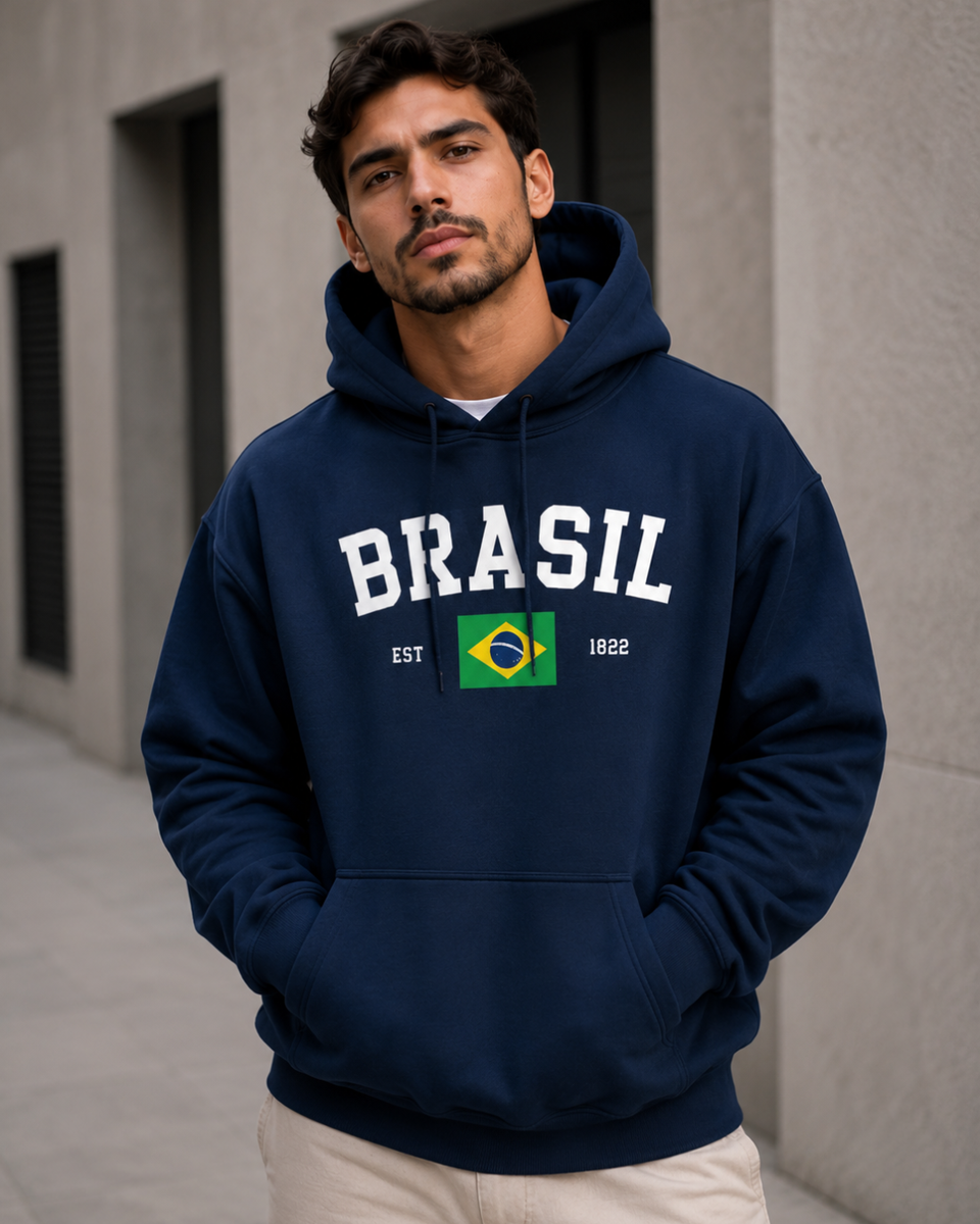 Moletom Brasil Bandeira Central Com Capuz Estilo College