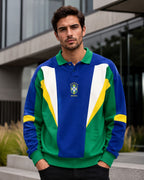 Moletom Brasil Retrô Com Gola Polo E Escudo Casual Urbano