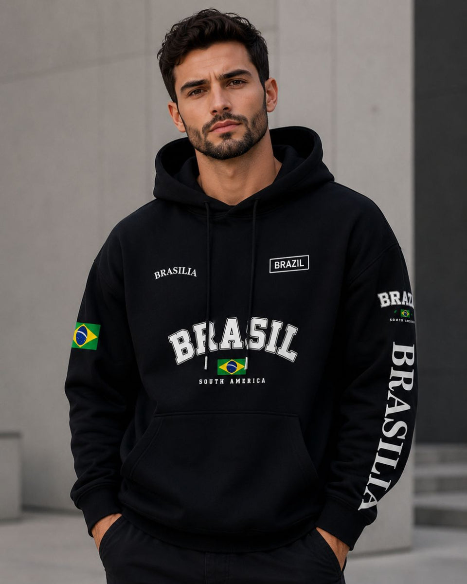 Moletom Brasil Universitário Manga Estampada Brasília Com Capuz