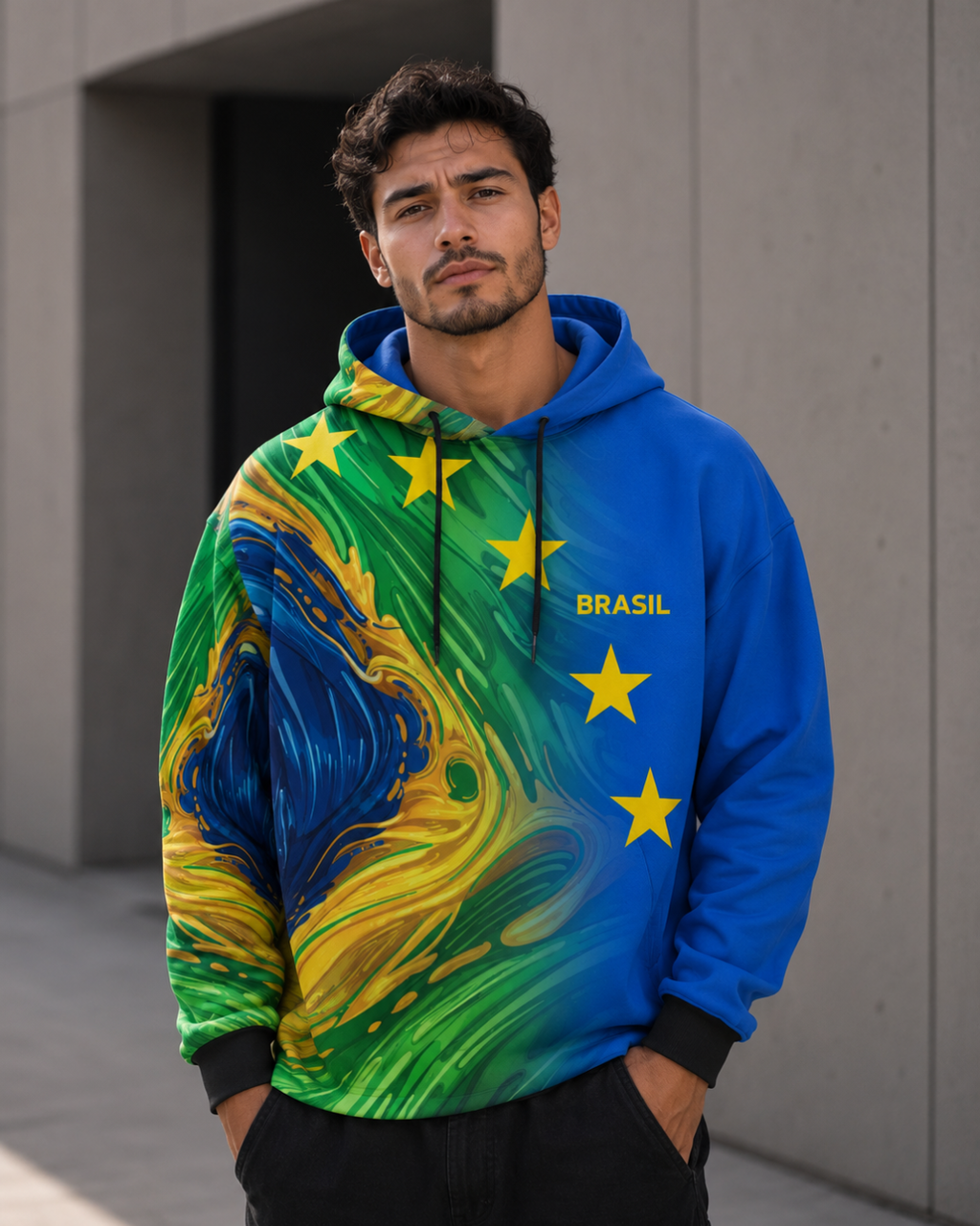 Moletom Brasil Estampa Abstrata Estrelas Com Capuz Casual