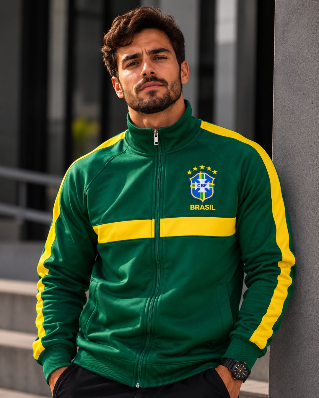 Moletom Brasil Jaqueta Com Zíper E Escudo Estilo Retrô Casual