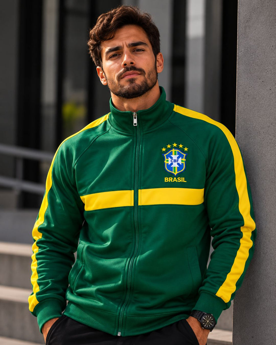 Moletom Brasil Jaqueta Retrô Com Zíper E Escudo Casual