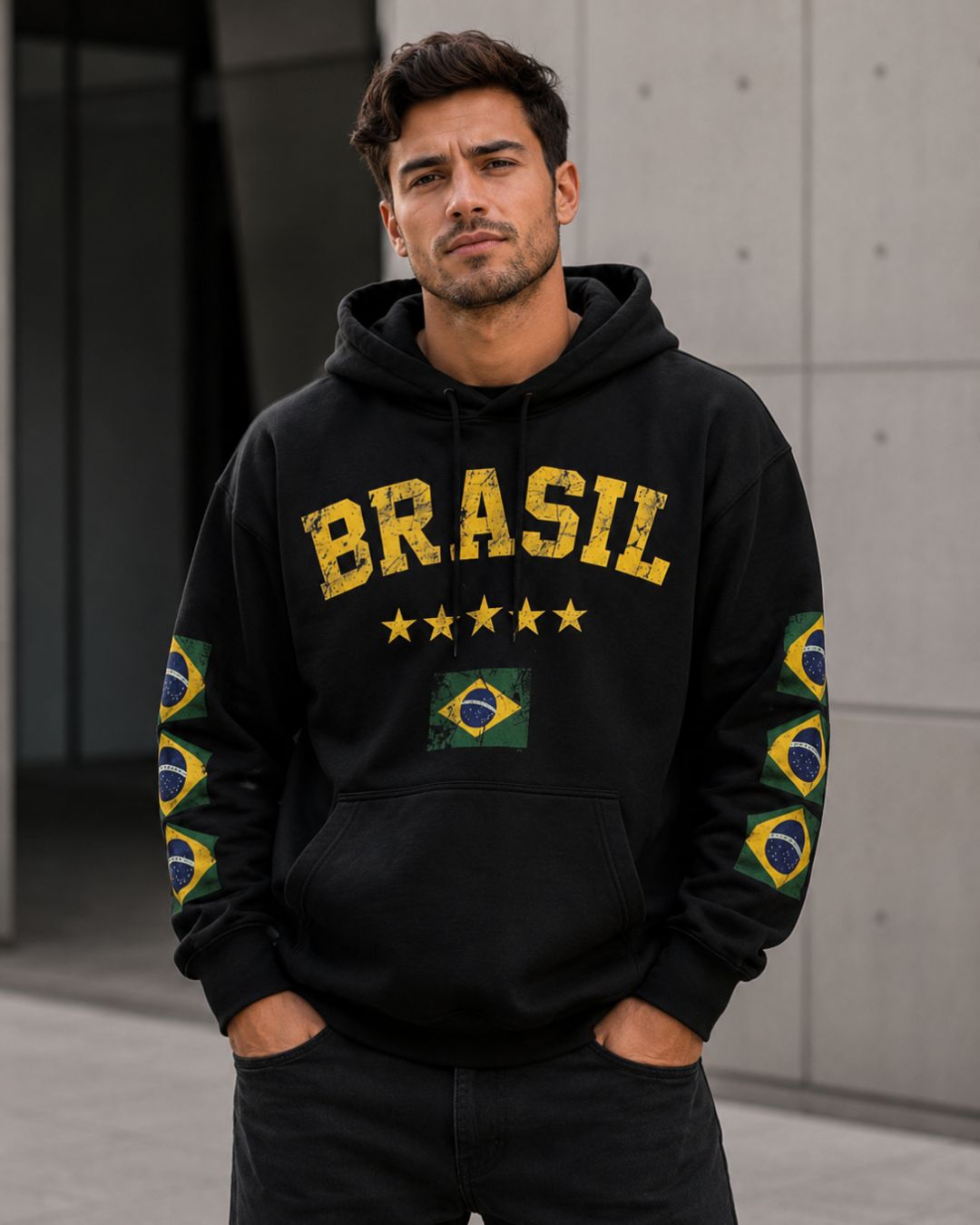 Moletom Brasil Estampa Vintage Bandeiras Nas Mangas Casual