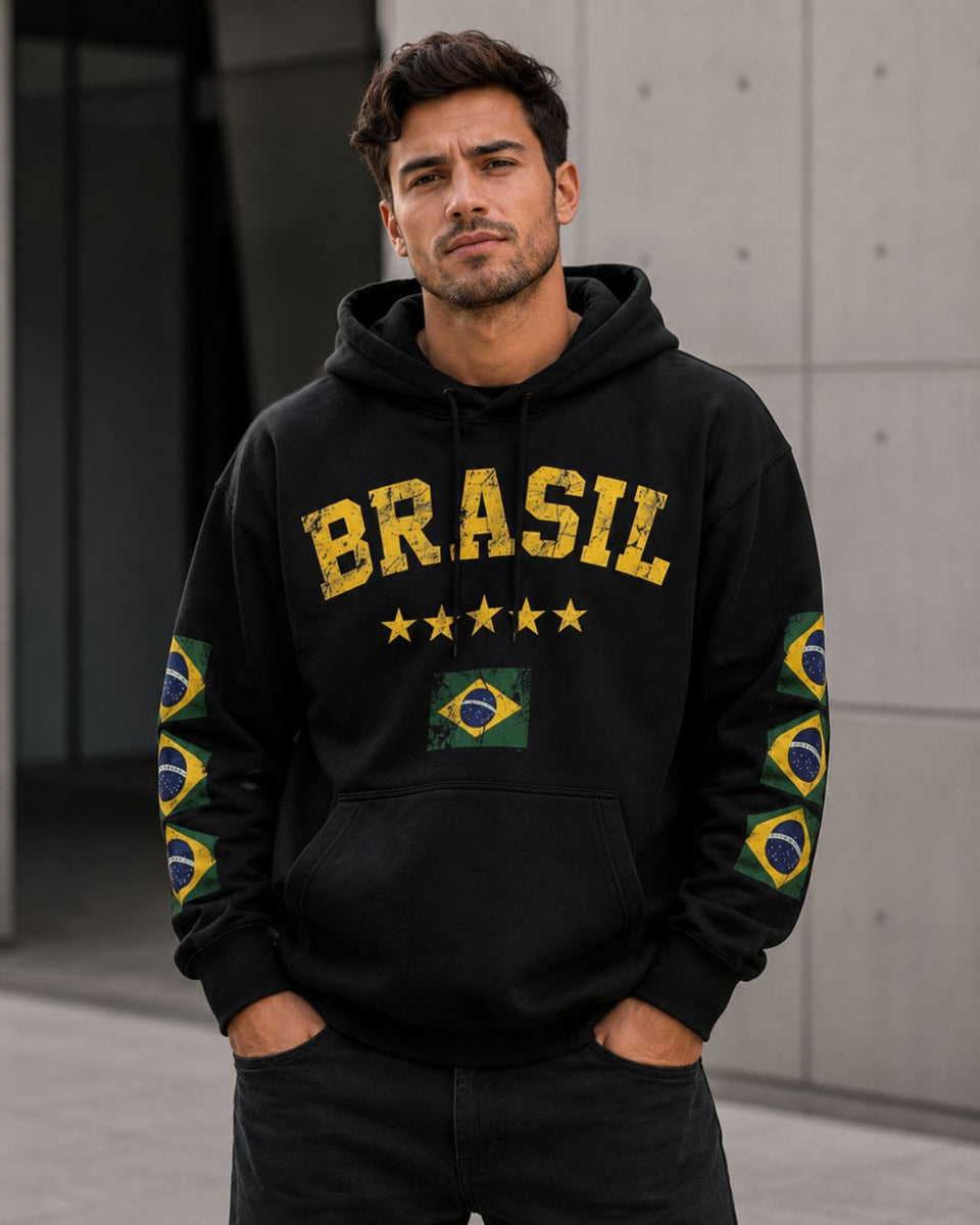Moletom Brasil Vintage Com Bandeiras Nas Mangas Casual