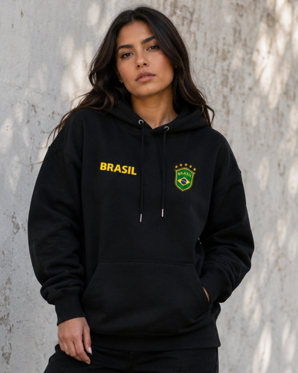 Moletom Brasil Escudo Bordado Peitoral Com Capuz Casual