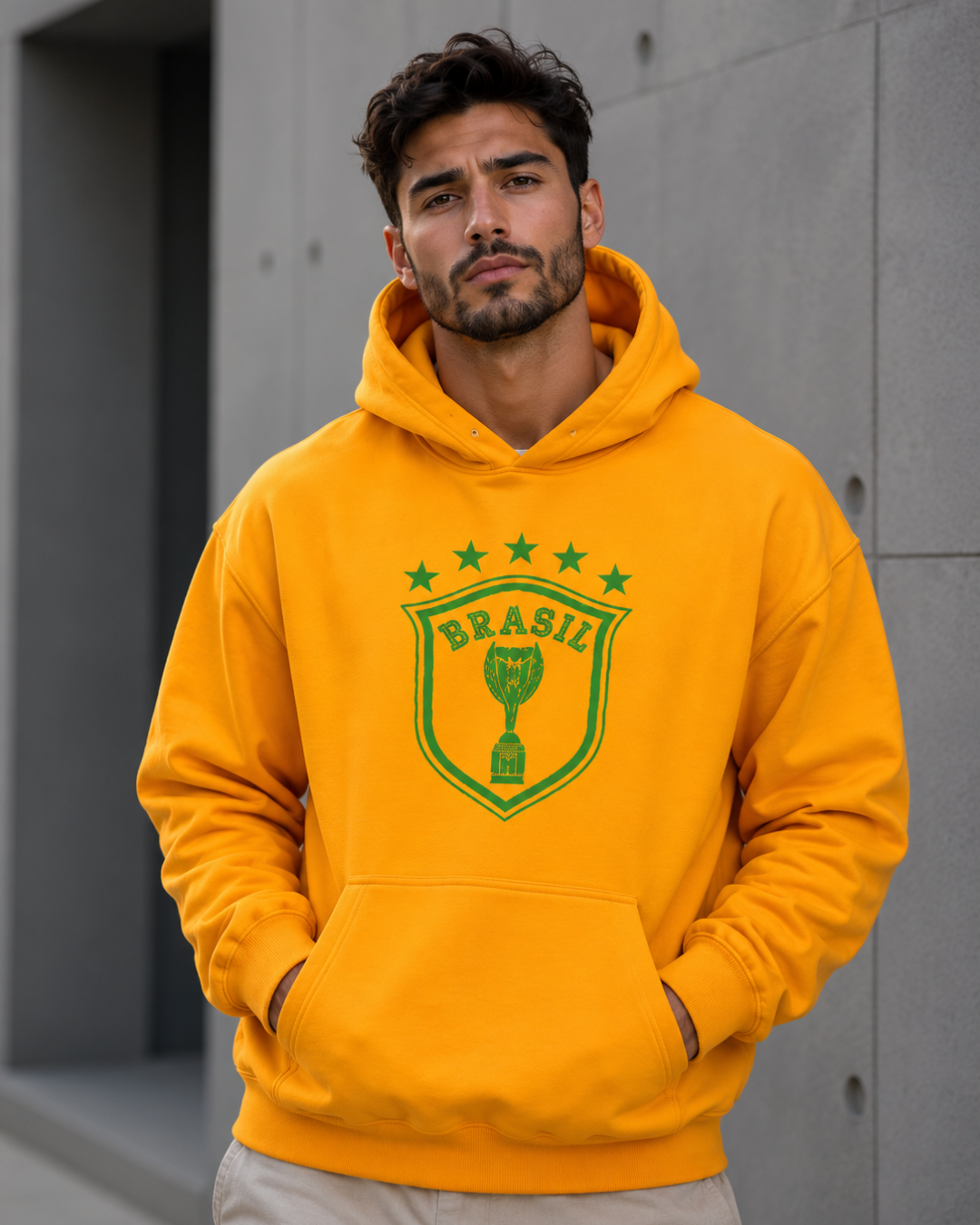 Moletom Brasil Escudo Troféu Com Estrelas E Capuz Casual