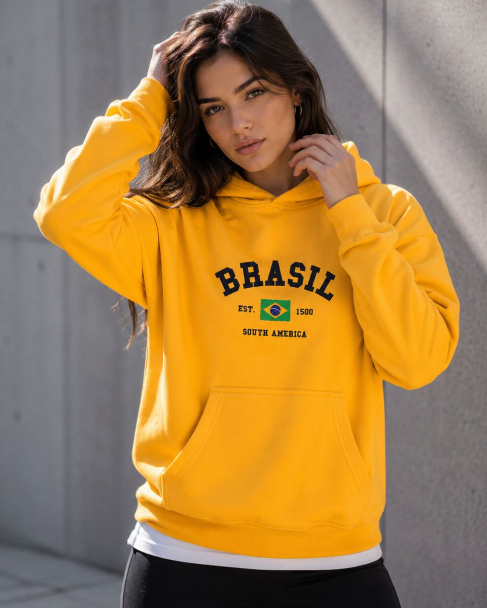 Moletom Brasil College Com Capuz Estampa Universitária Casual