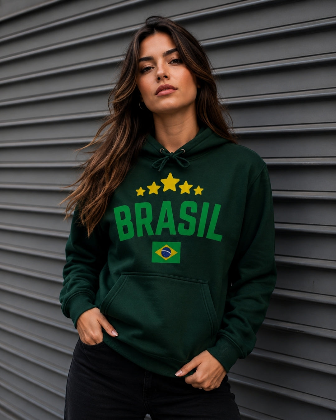 Moletom Brasil Estilo Universitário Com Estrelas E Capuz Casual