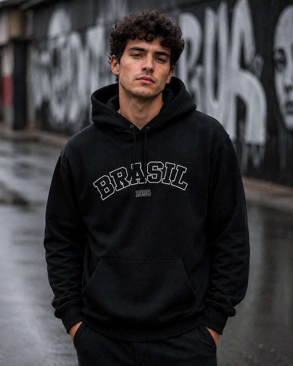 Moletom Brasil Estampa Universitária Frontal Com Capuz Casual