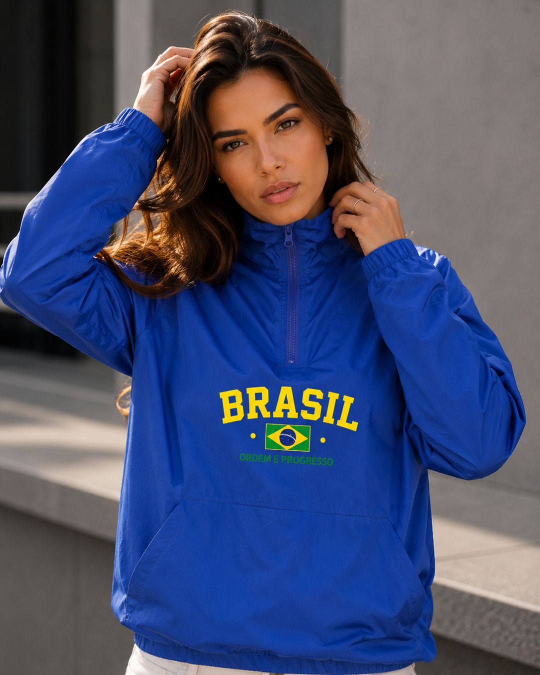 Moletom Brasil Bandeira Central Com Meio Zíper Estilo Casual Urbano