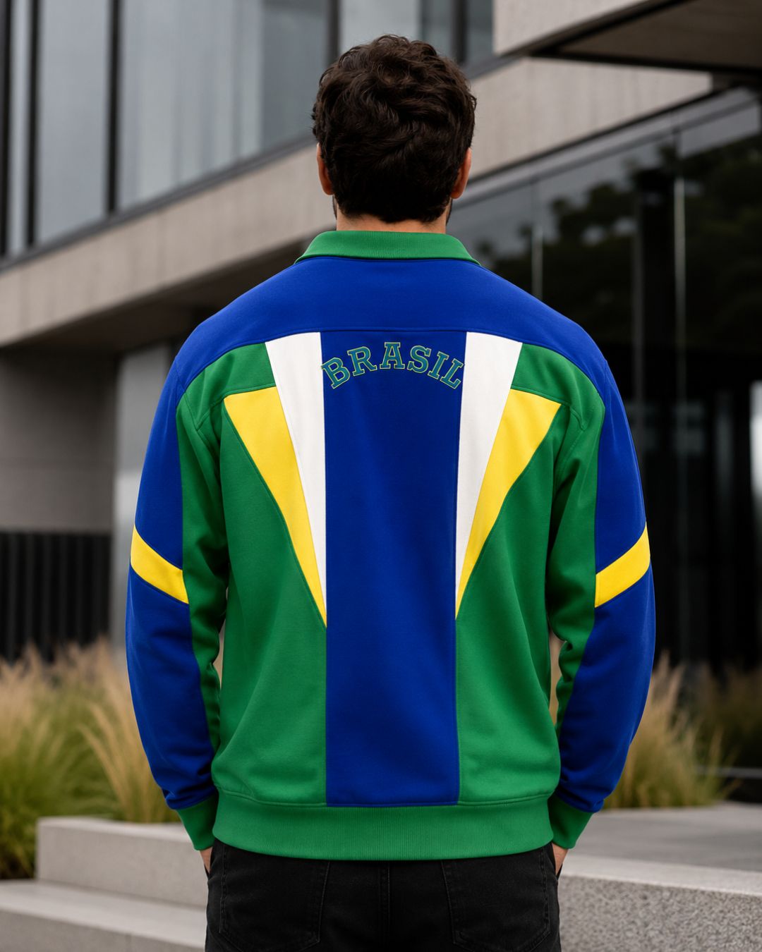 Moletom Brasil Retrô Com Gola Polo E Escudo Casual Urbano