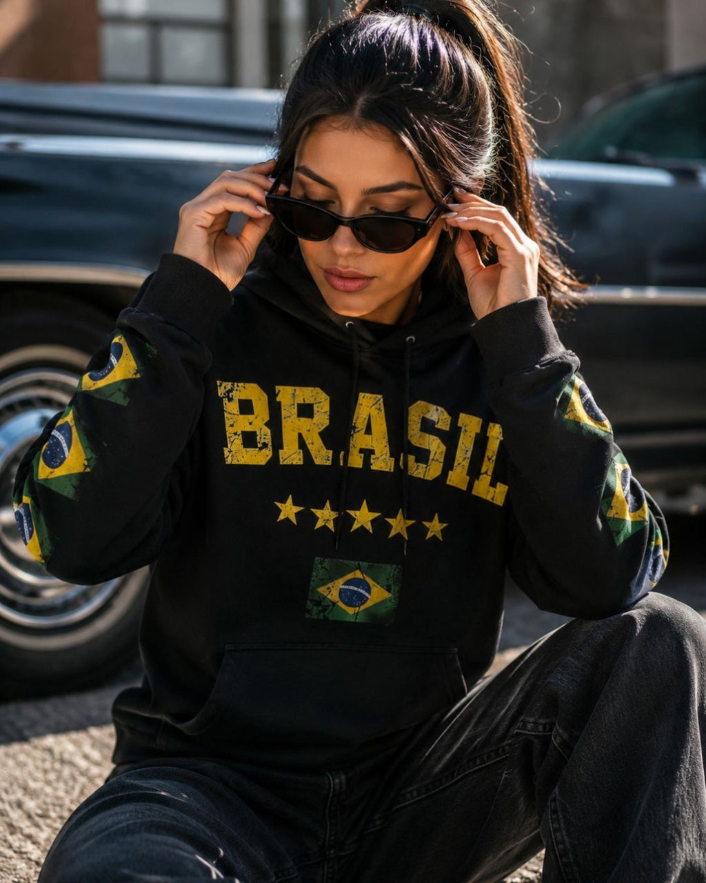 Moletom Brasil Estampa Vintage Bandeiras Nas Mangas Casual