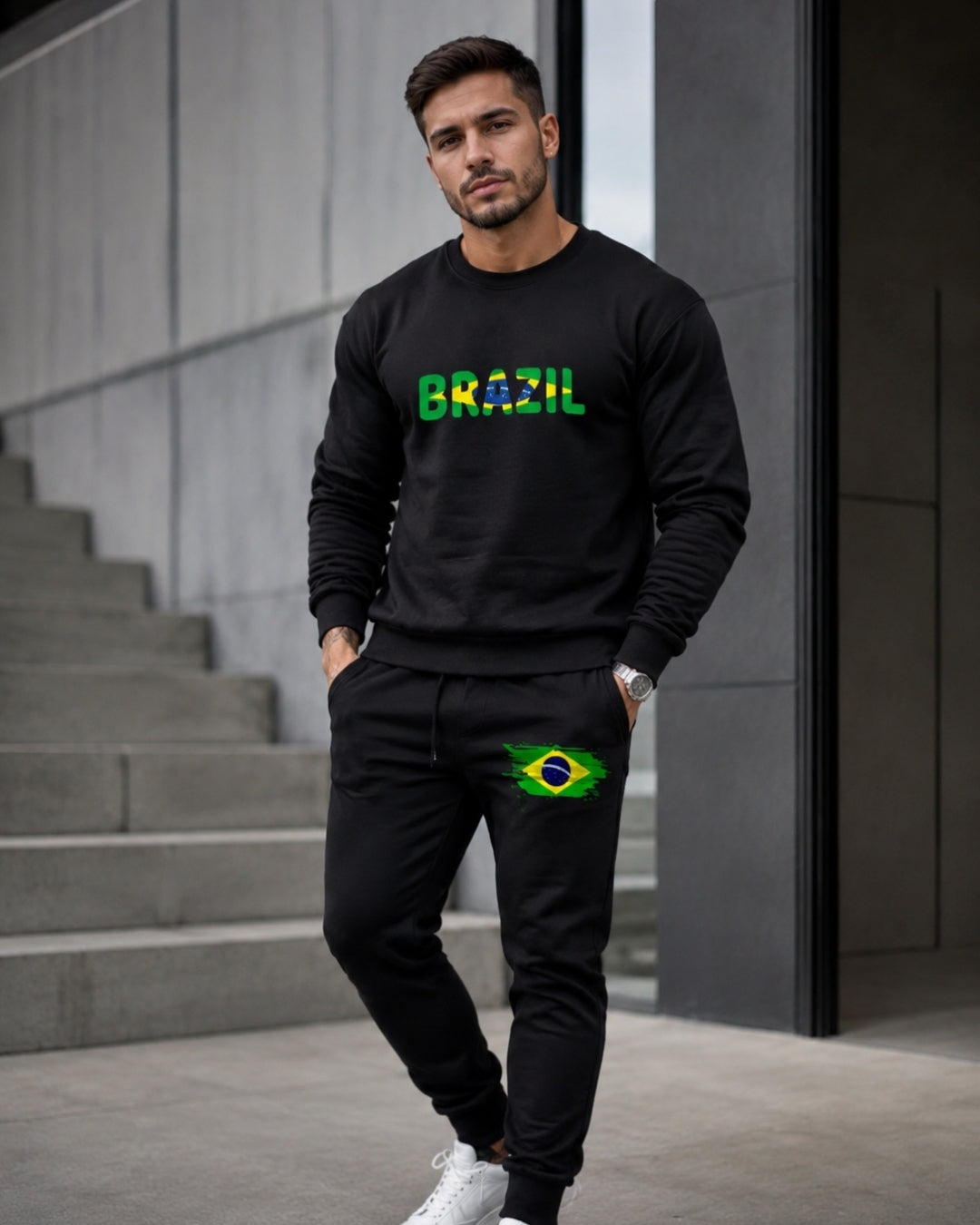 Conjunto Brasil Estampa Bandeira Com Calça Jogger Casual Urbano