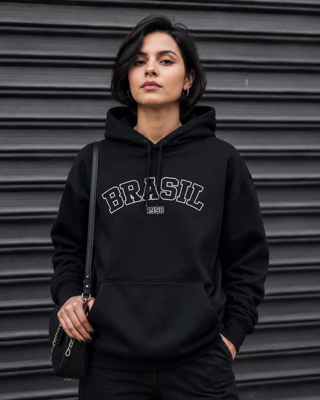 Moletom Brasil Estampa Universitária Frontal Com Capuz Casual