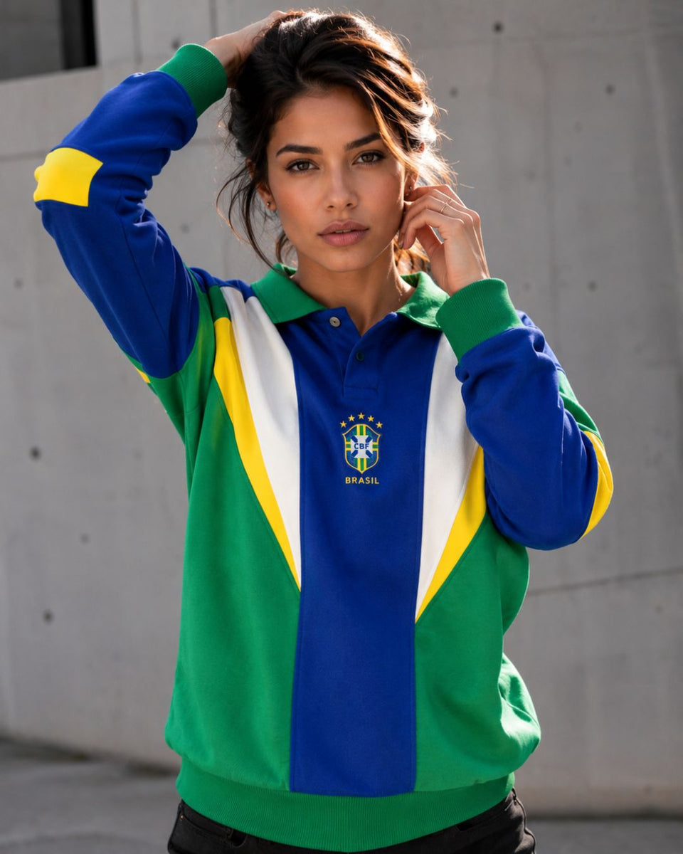 Moletom Brasil Gola Polo Retrô Com Escudo Casual