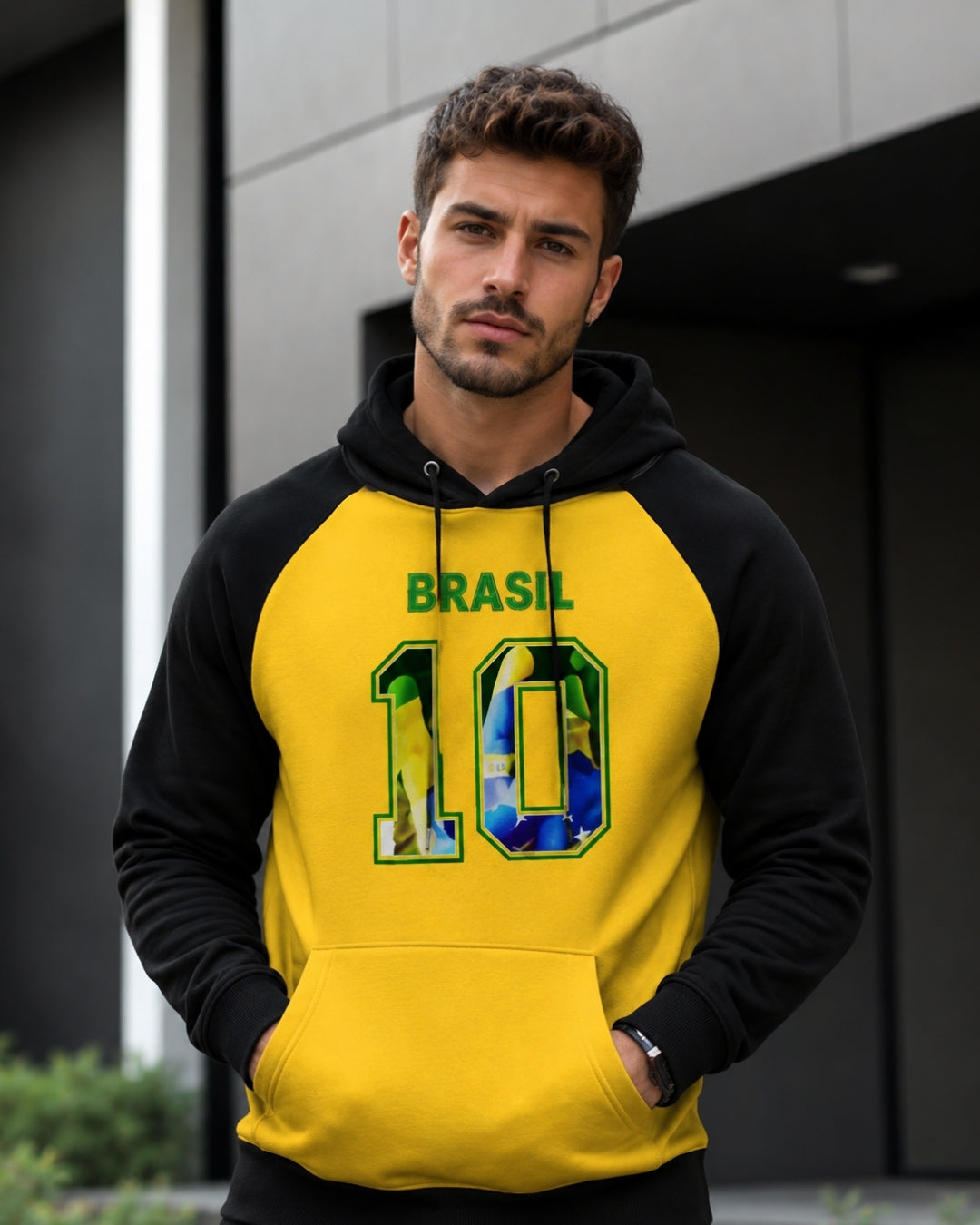 Moletom Brasil 10 Estampa Bandeira Com Capuz Raglan Casual
