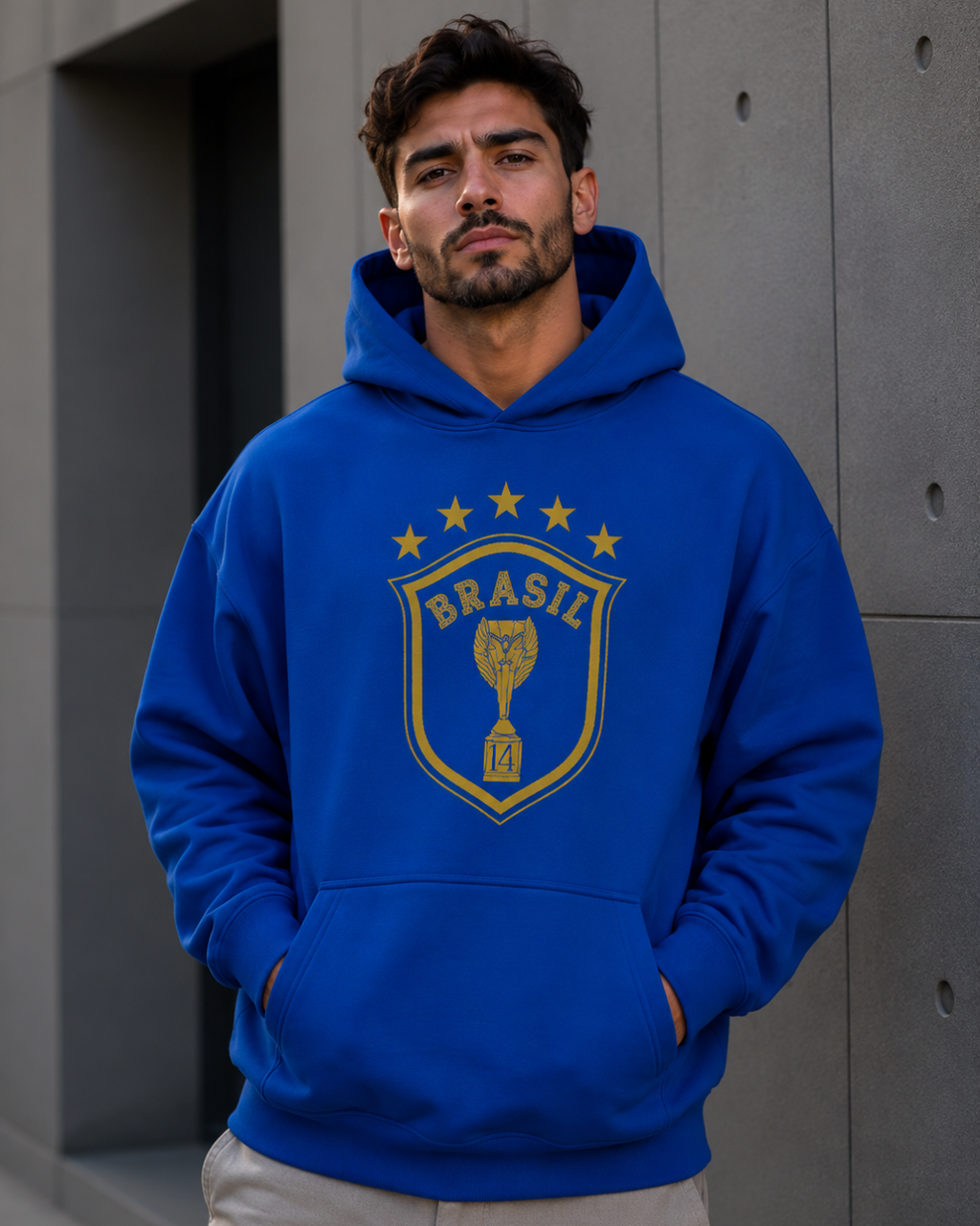 Moletom Brasil Escudo Troféu Com Estrelas E Capuz Casual