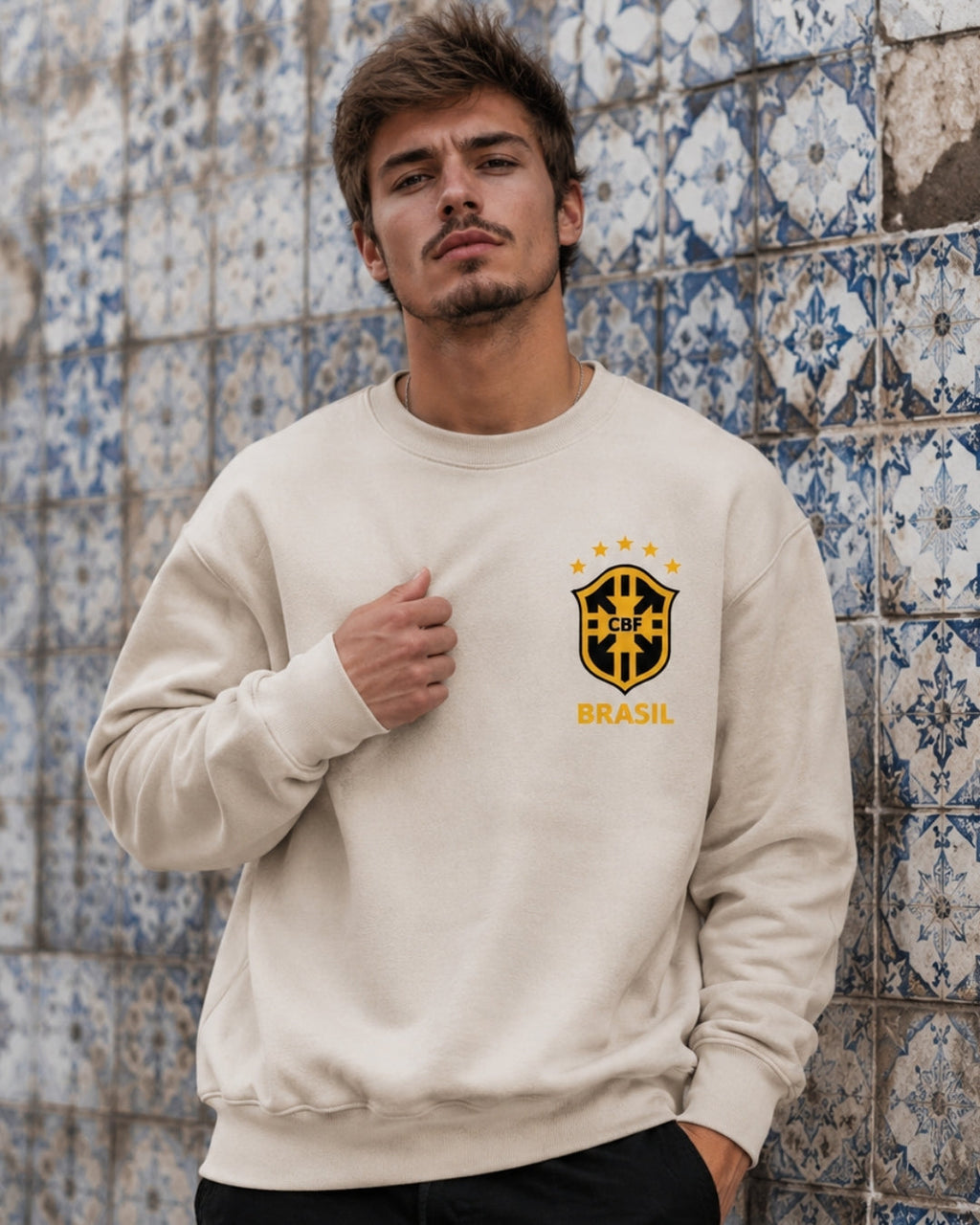 Moletom Brasil Escudo CBF Com Estrelas Estilo Casual Urbano