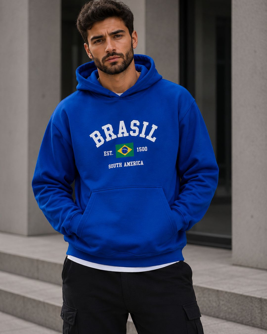 Moletom Brasil Estampa Universitária Com Capuz Casual