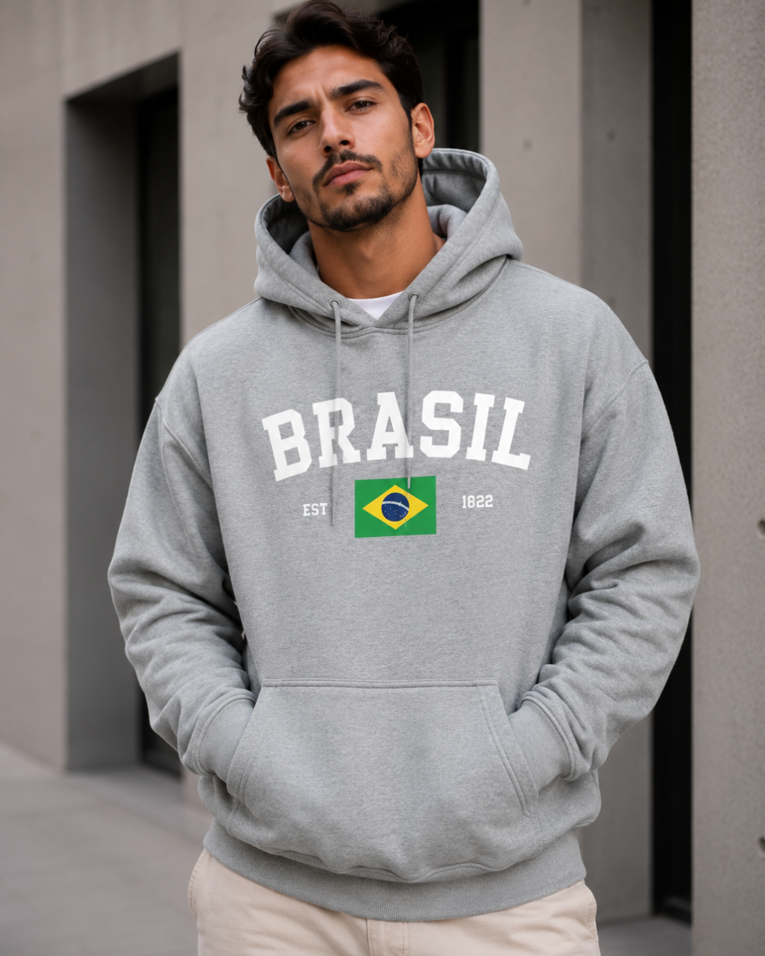 Moletom Brasil Bandeira Central Estilo Universitário Com Capuz