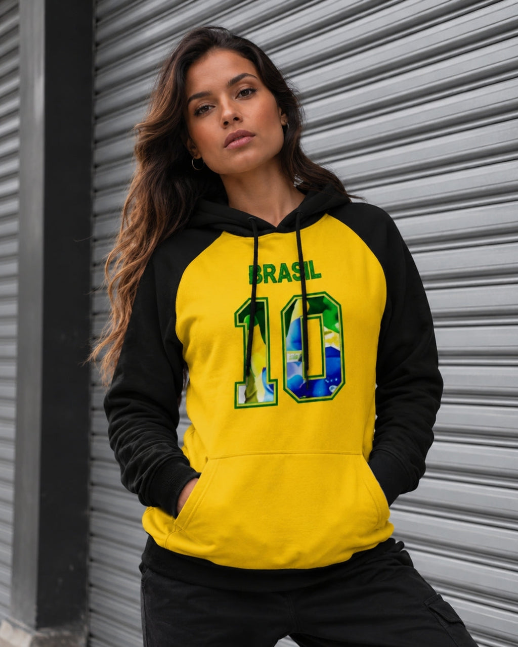 Moletom Brasil 10 Estampa Bandeira Com Capuz Raglan Casual