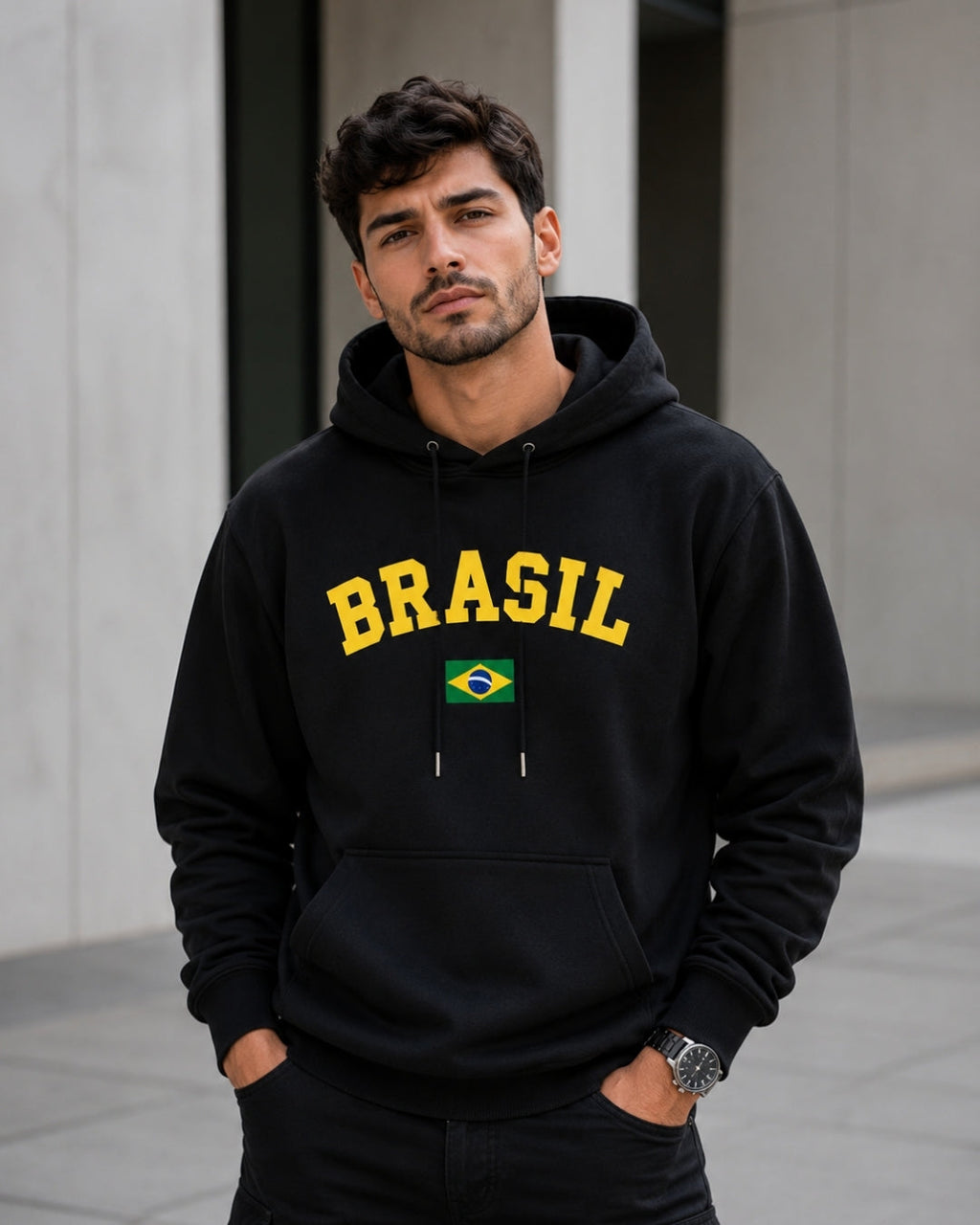 Moletom Brasil Universitário Com Bandeira Frontal E Capuz Casual