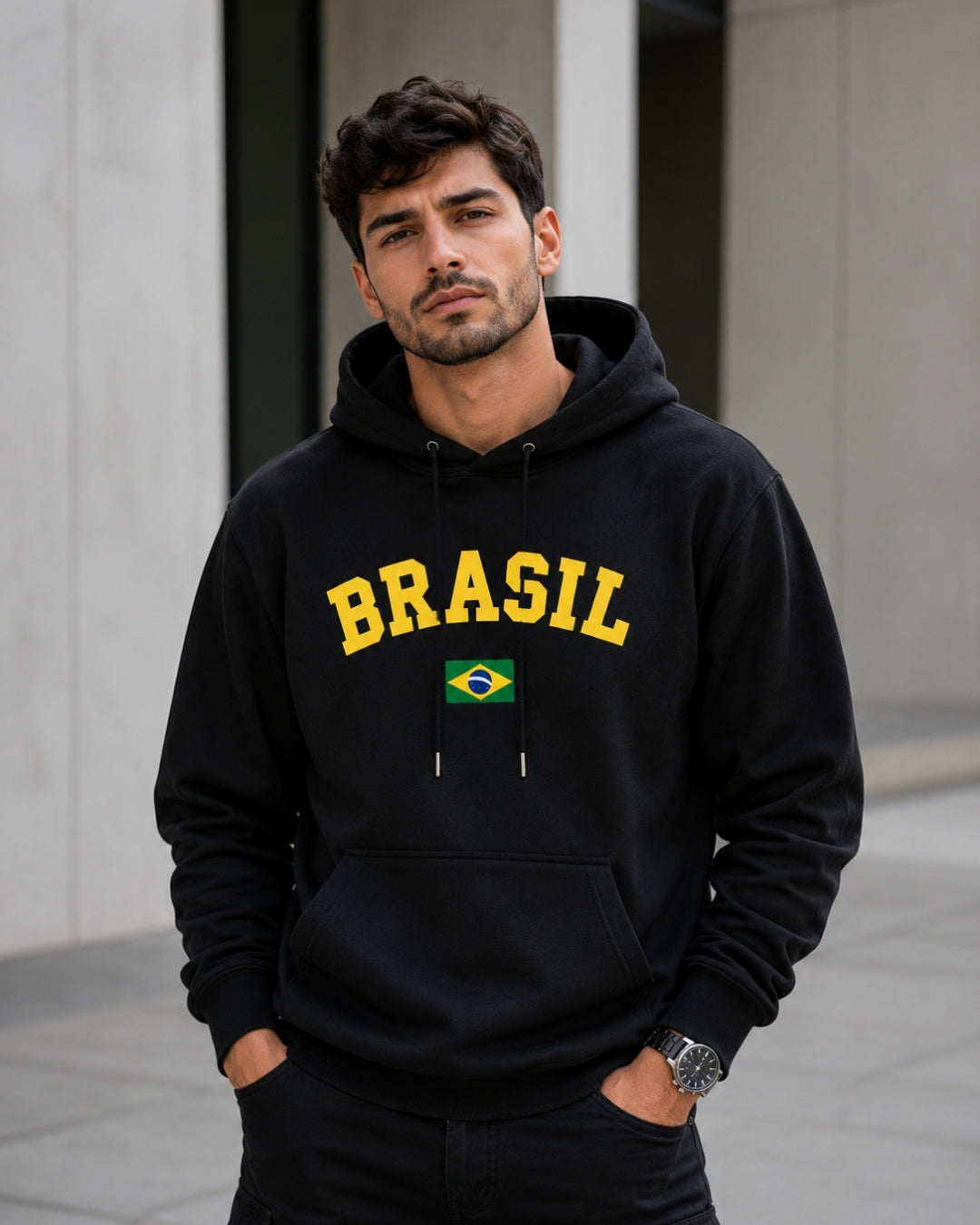 Moletom Brasil Universitário Com Bandeira Frontal E Capuz Casual