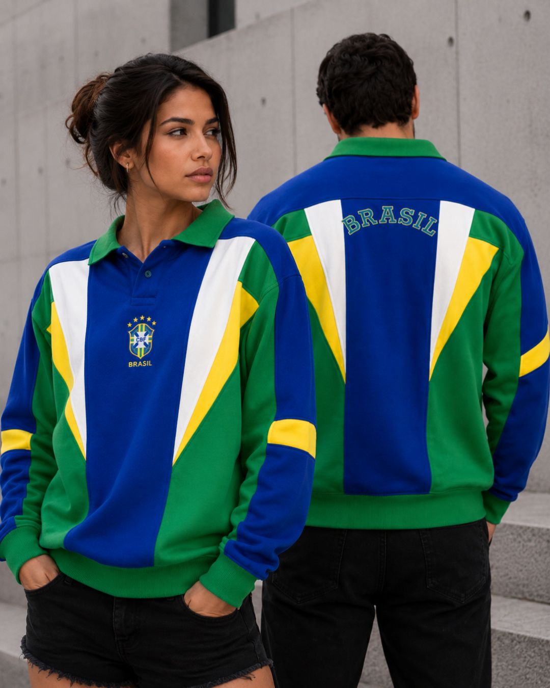 Moletom Brasil Retrô Com Gola Polo E Escudo Casual Urbano