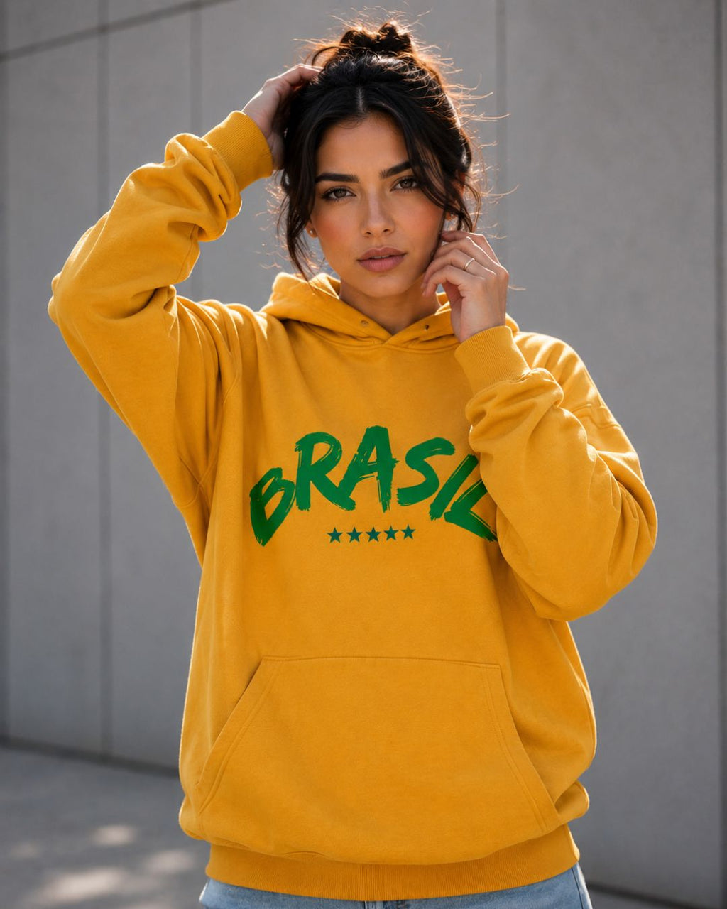 Moletom Brasil Lettering Curvo Com Estrelas Estilo Casual Urbano