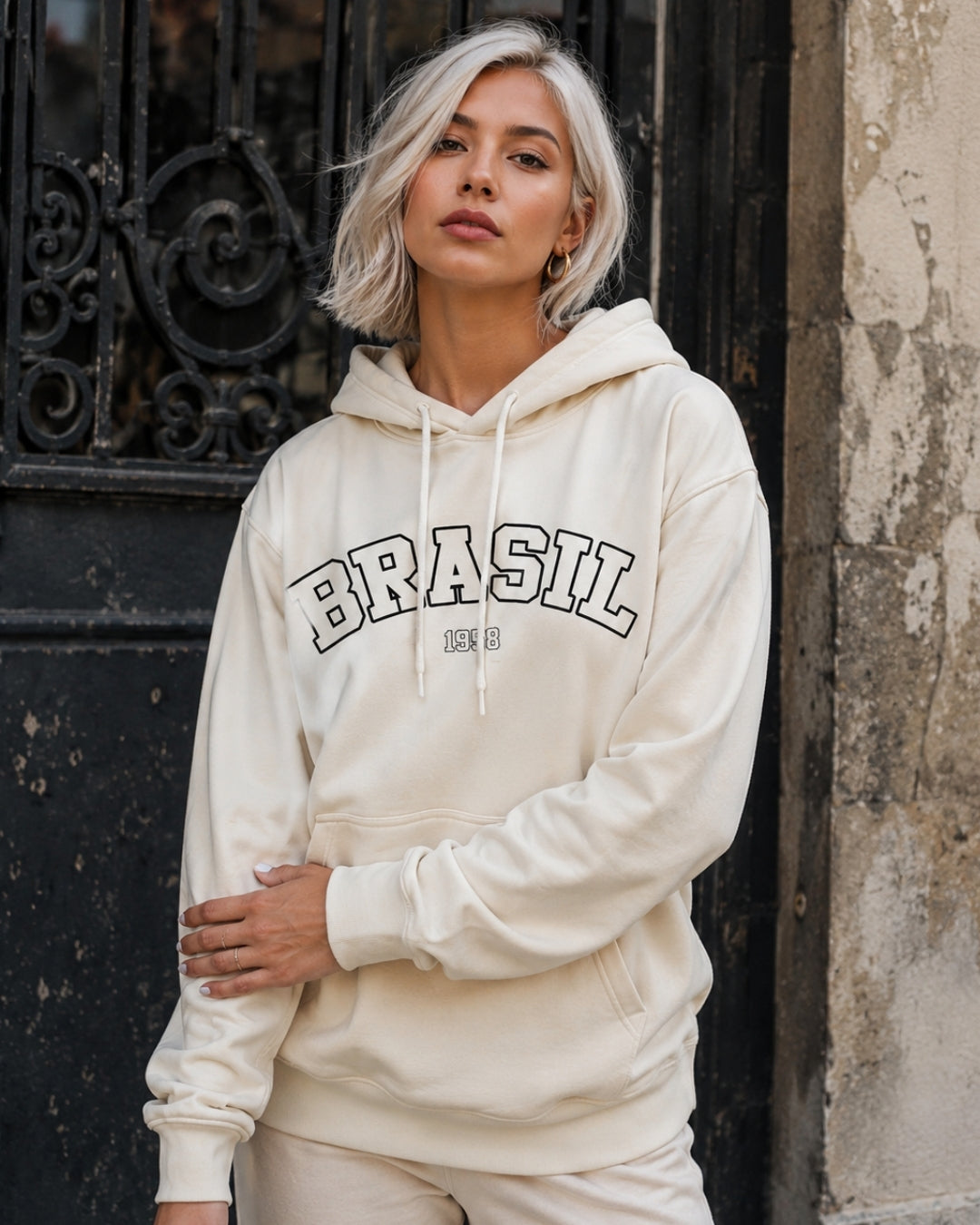 Moletom Brasil Estampa Universitária Frontal Com Capuz Casual