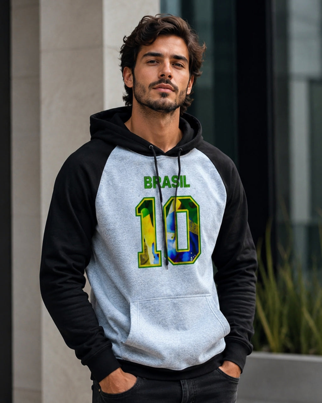 Moletom Brasil 10 Estampa Bandeira Com Capuz Raglan Casual