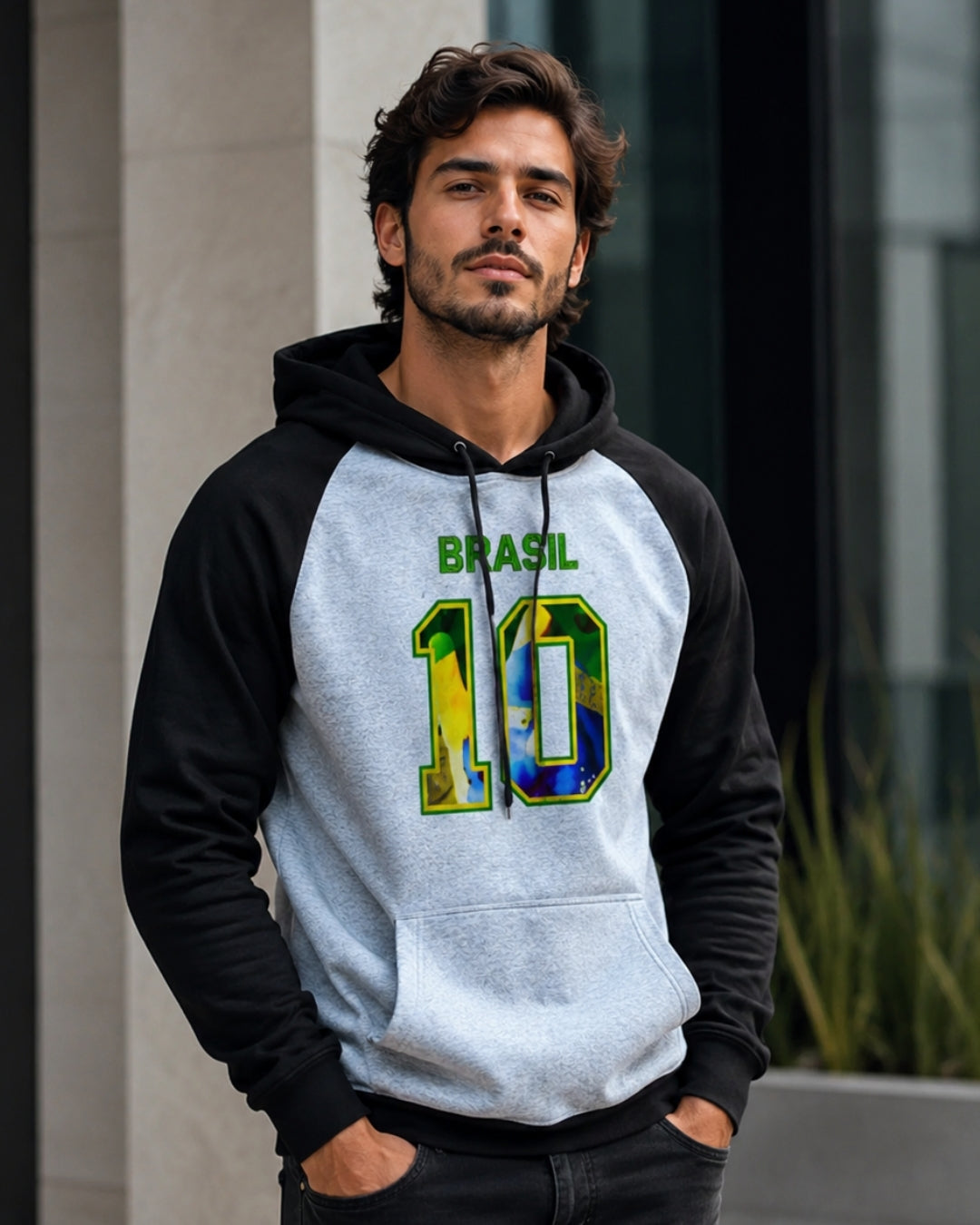 Moletom Brasil 10 Estampa Bandeira Com Capuz Raglan Casual