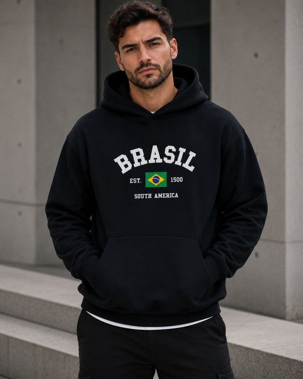 Moletom Brasil Estampa Universitária Com Capuz Casual