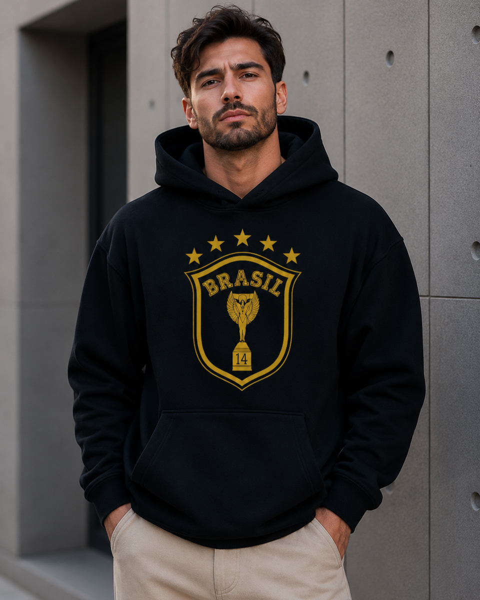 Moletom Brasil Escudo Troféu Estrelado Com Capuz Casual