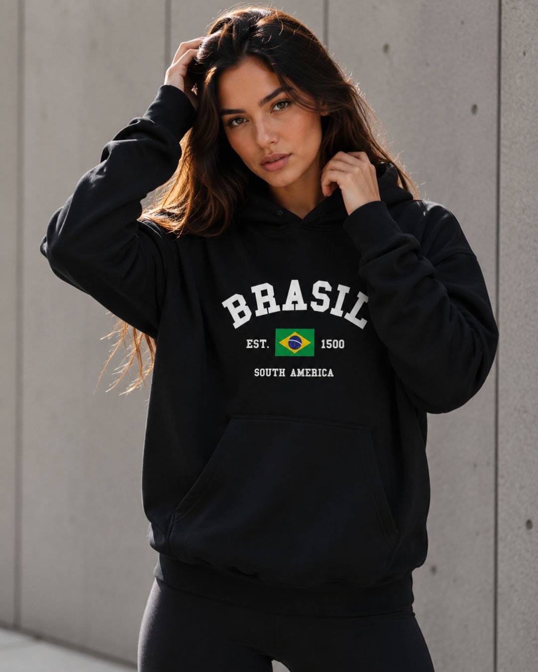 Moletom Brasil Estampa Universitária Com Capuz Casual