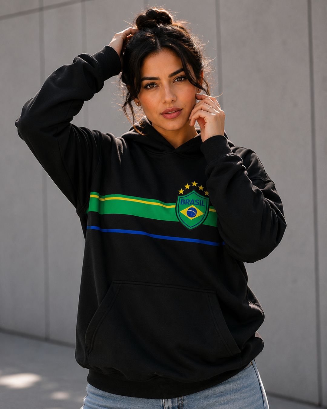 Moletom Brasil Lettering Curvo Com Estrelas Estilo Casual Urbano